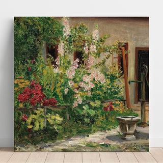 Reproduction Jardin de devant avec des roses trémières en fleurs - Marie Egner