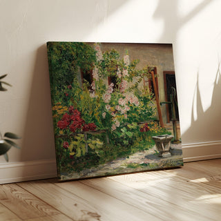 Reproduction Jardin de devant avec des roses trémières en fleurs - Marie Egner