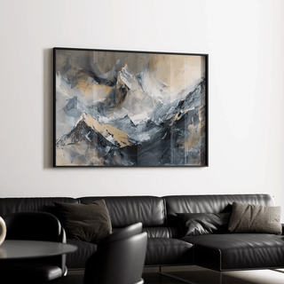 Tableau Abstrait – Élévation Minérale | Affiche Murale Montagne Stylisée aux Tons Neutres et Détails Dorés | Déco Élégante pour Salon ou Bureau Moderne