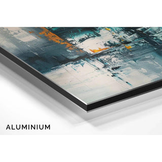 Tableau Abstrait – Fragments Urbains | Affiche Murale Moderne aux Couleurs Froides et Touches Orange | Déco Graphique pour Salon ou Bureau