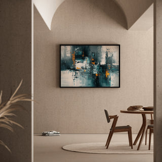Tableau Abstrait – Fragments Urbains | Affiche Murale Moderne aux Couleurs Froides et Touches Orange | Déco Graphique pour Salon ou Bureau
