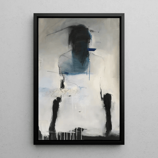 Tableau Abstrait – Silhouette en Suspens | Affiche Murale Énigmatique en Noir et Bleu sur Fond Clair | Déco Minimaliste pour Intérieur Contemporain