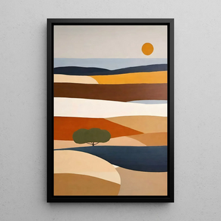 Tableau Coloré – Soleil d’Argile | Affiche Murale Paysage Stylisé aux Couleurs Terre Cuite et Tons Naturels | Déco Bohème pour Salon ou Chambre