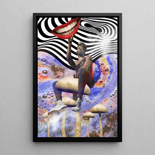 Tableau Street Art – Sérénité Psychédélique | Poster Pop Art Suréaliste avec Champignons et Spirales Noires | Affiche Colorée Inspirée du Rêve