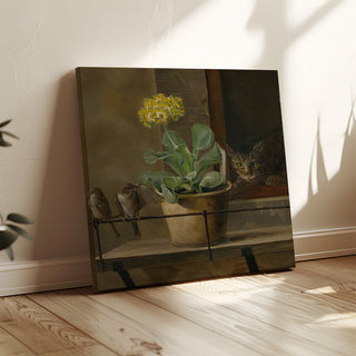 Still life with a primrose in a flowerpot, a cat, and two sparrows - Martinus Rørbye