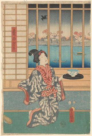 Toyokuni Utagawa - Woman Holding Bowl and Tray before Window cherry trees blooming outside.webp