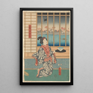 Toyokuni Utagawa - Woman Holding Bowl and Tray before Window cherry trees blooming outside.webp