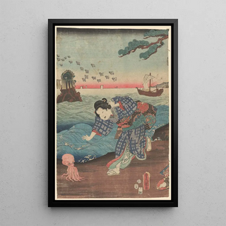 Toyokuni Utagawa - Woman Running on Seashore Octopus.webp