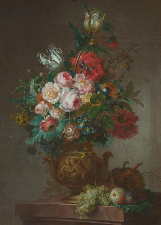 Willem van Leen - Still life with tulips and peonies in a vase on a ledge with fruit.webp
